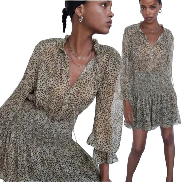 Zara Dresses & Skirts - Zara Long Sleeve Animal Print Smocked Mini Dress Women's Medium Brown Sheer Sexy